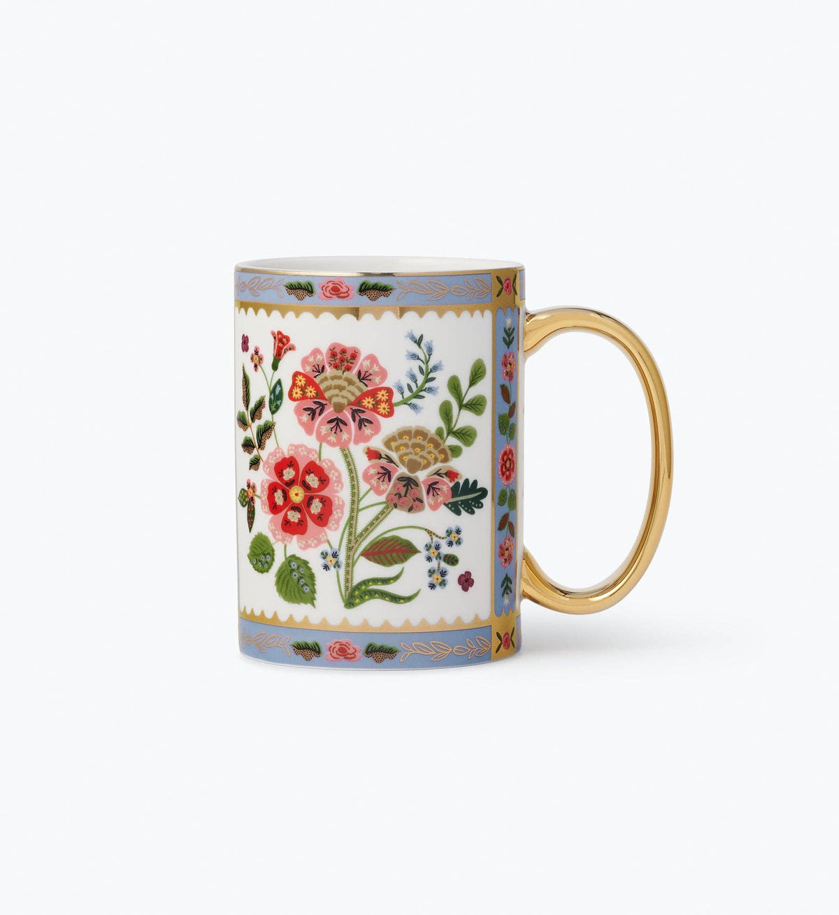 Gracie porcelain mug with multicolor floral pattern and gold-tone handle