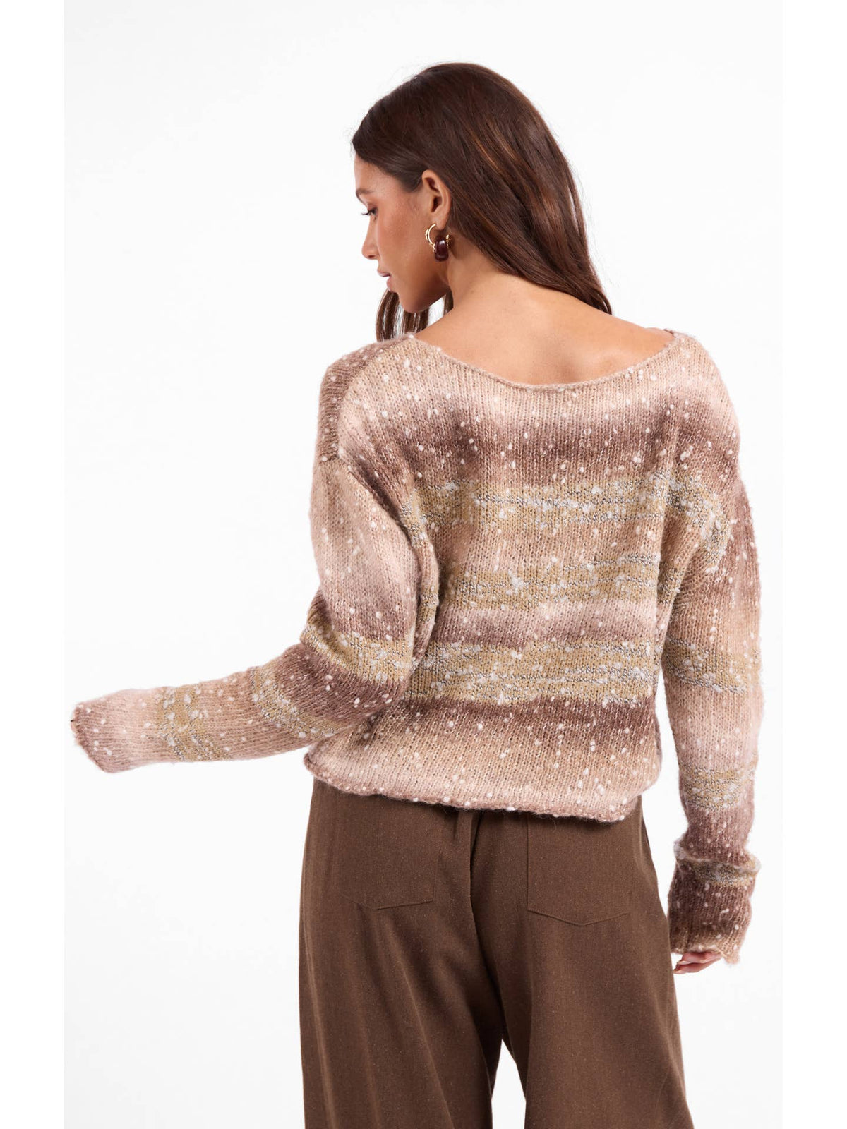 Ombre sparkle knit sweater, back view with long sleeves and wide neckline