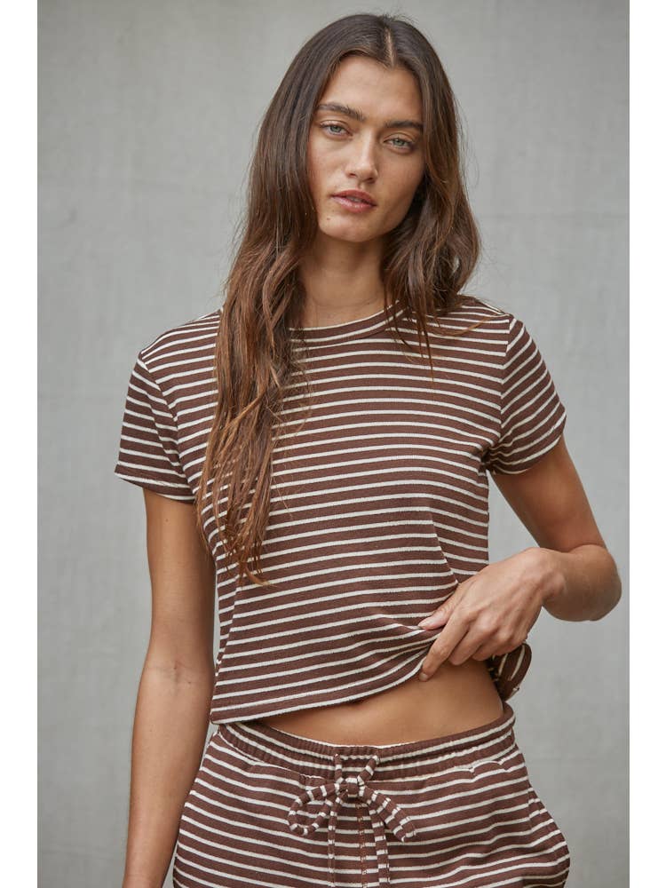 Dark brown and cream striped short-sleeve lounge top with crew neck, front view