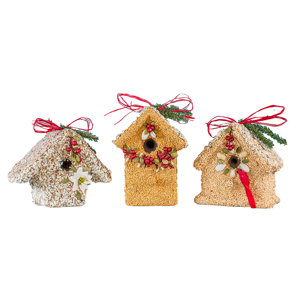 Set of three seed birdie cottage ornaments with red ribbons and berry-and-leaf details
