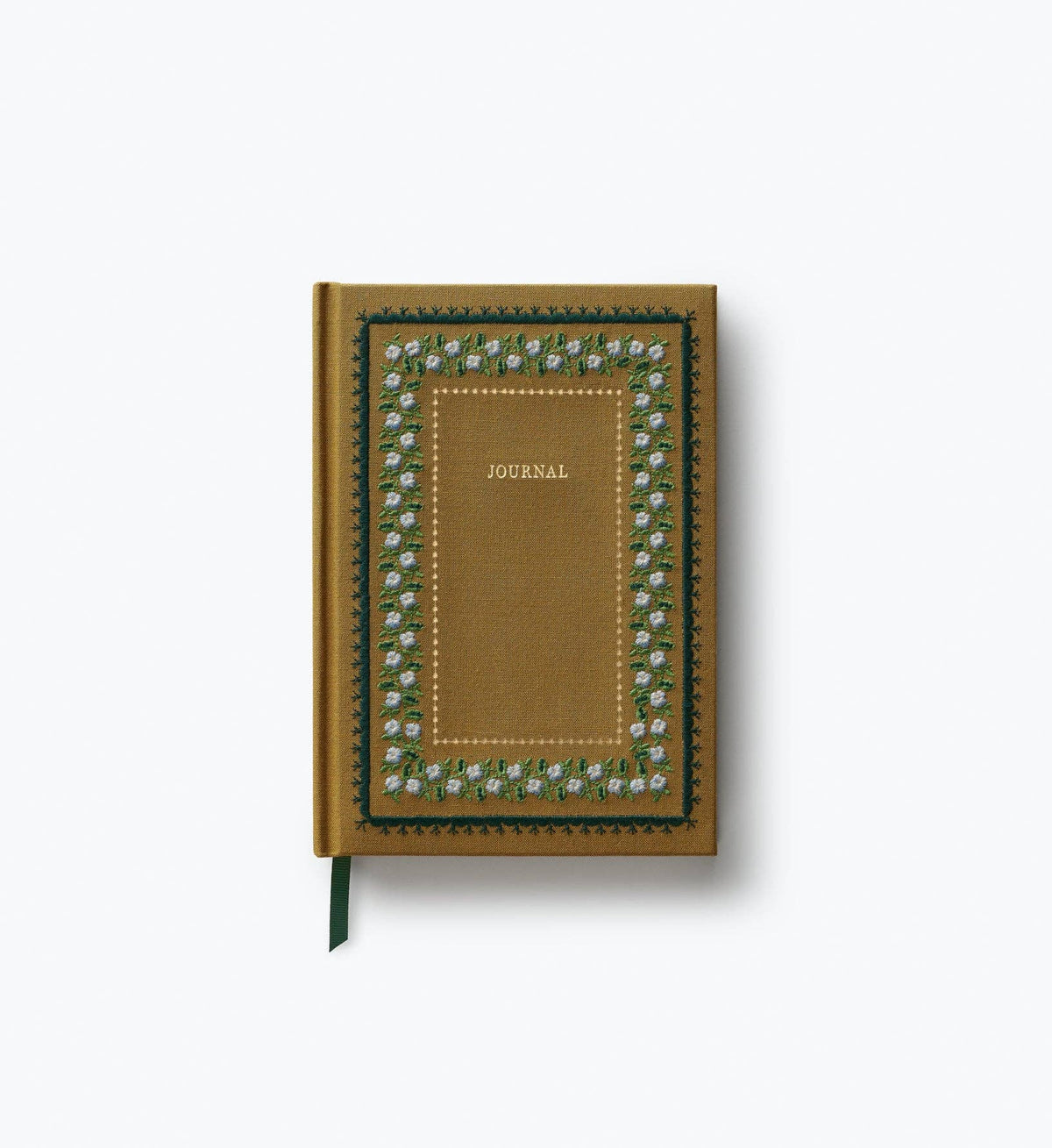 Embroidered journal with brown cover, blue-green floral border, and “JOURNAL” label