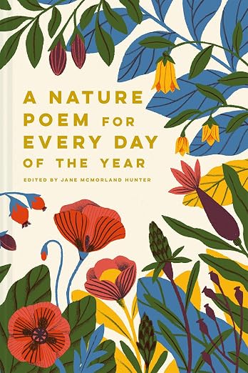 Illustrated nature poetry book cover with colorful flowers and birds, title text shown