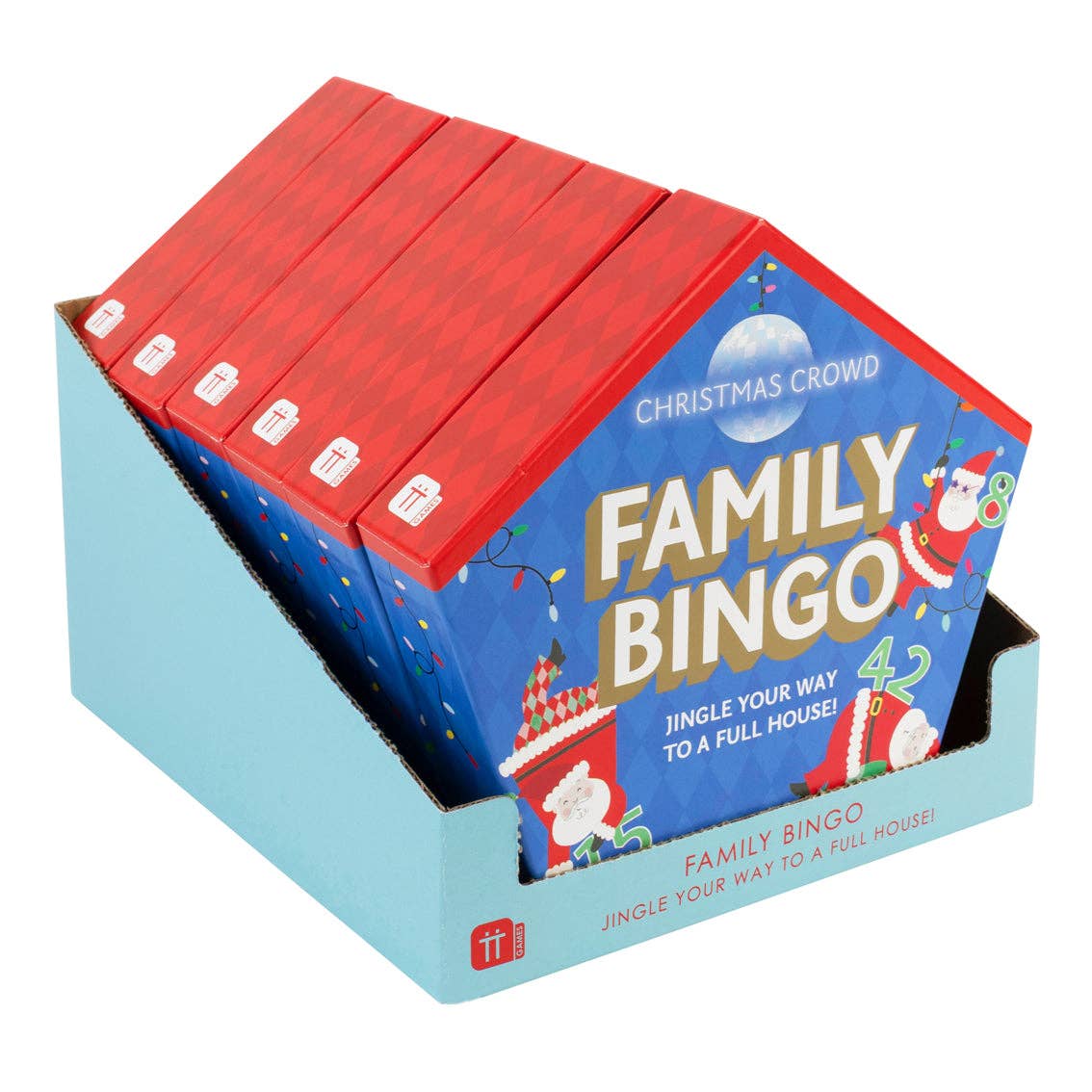 Family Bingo game box, blue house design with Christmas Crowd artwork and red lid