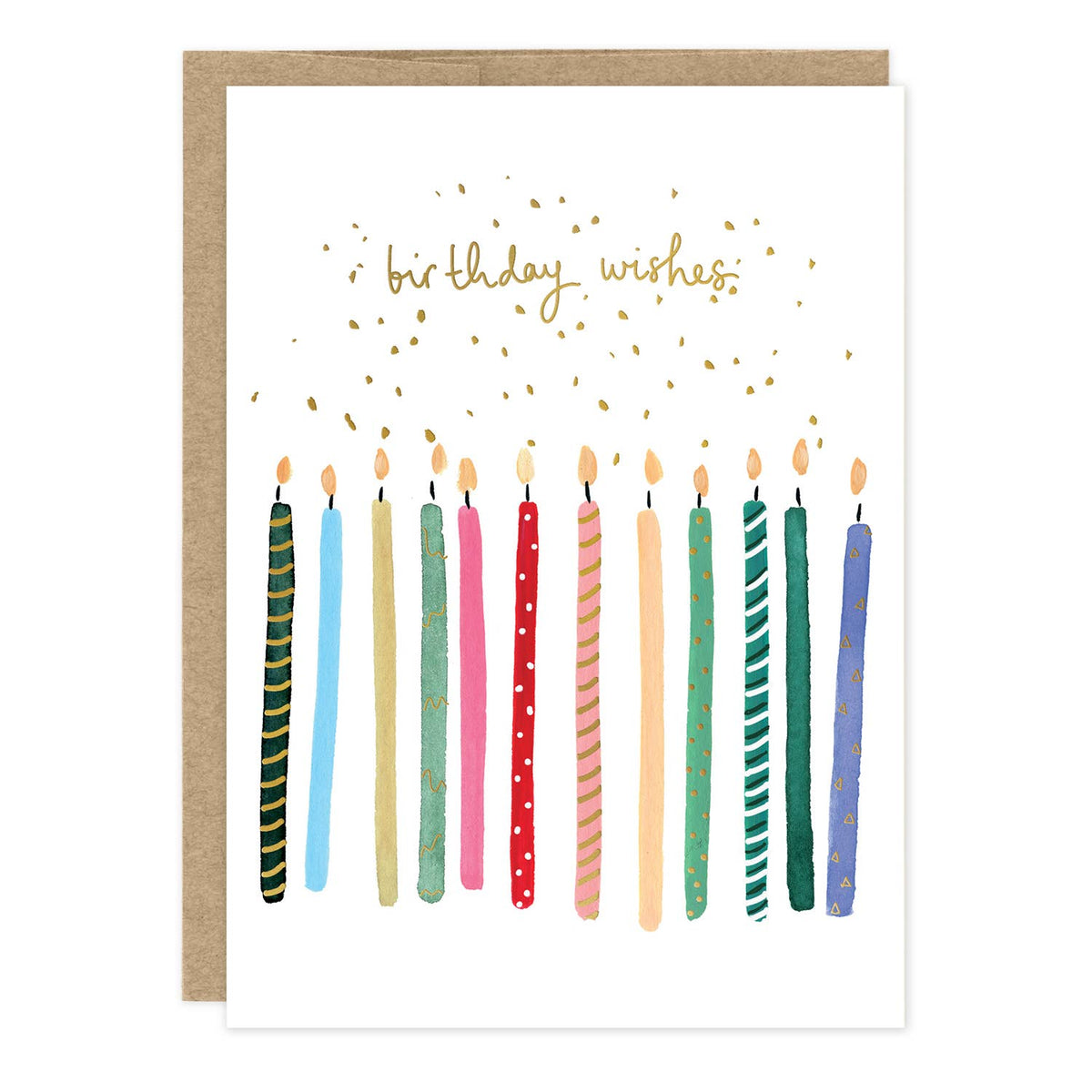 Birthday wishes card with gold glitter text and multicolor striped candles