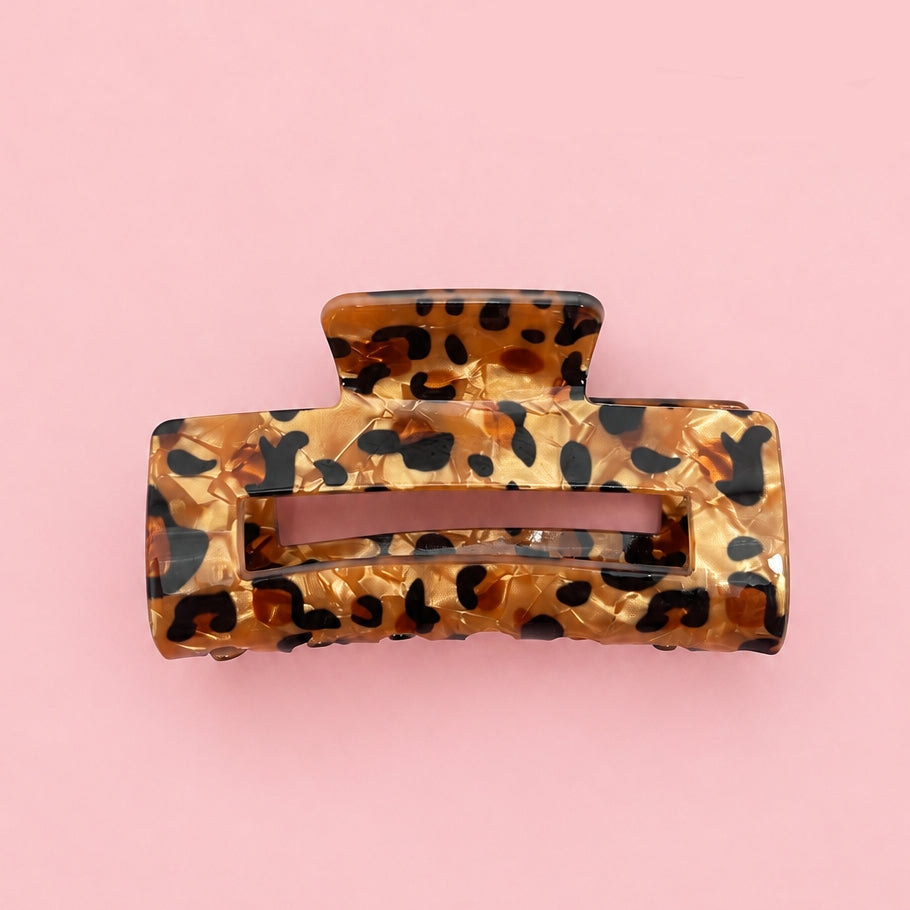 Tortoise leopard rectangle claw clip with open black acrylic center bar