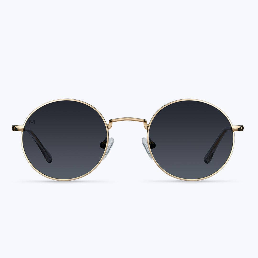Round gold-tone sunglasses with dark lenses, centered frontal view, thin metal frame