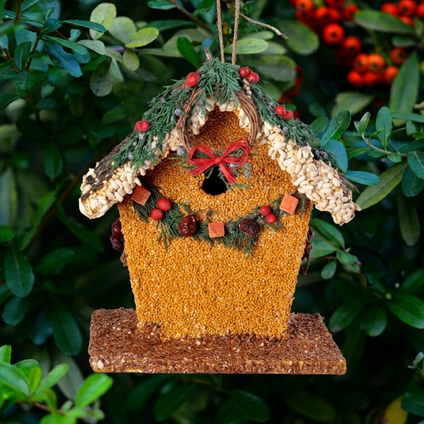 Decorative seed birdhouse ornament with pinecone base, red bow and berry accents