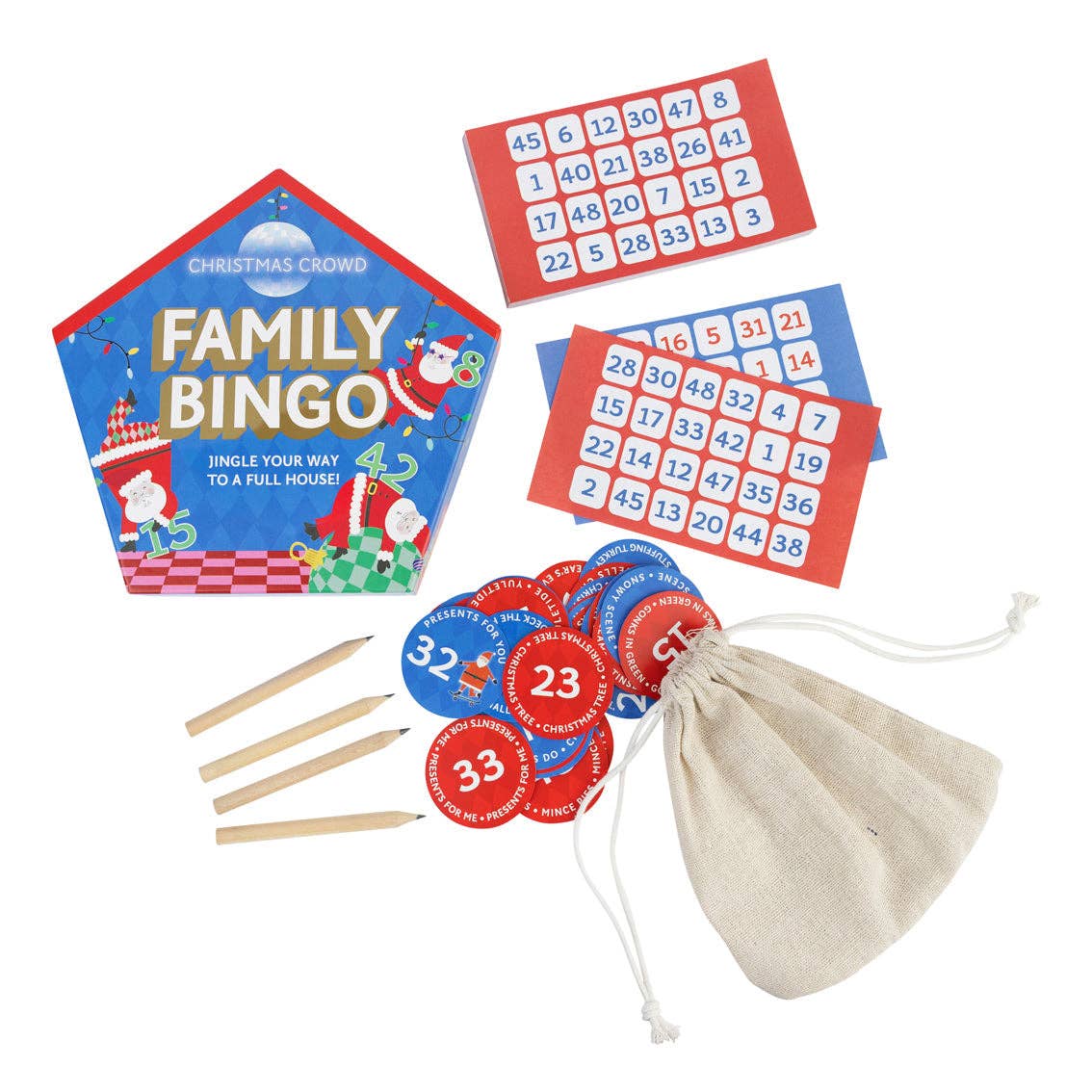 Family Bingo game pieces: bingo boards, wooden markers, spinner discs, and fabric bag