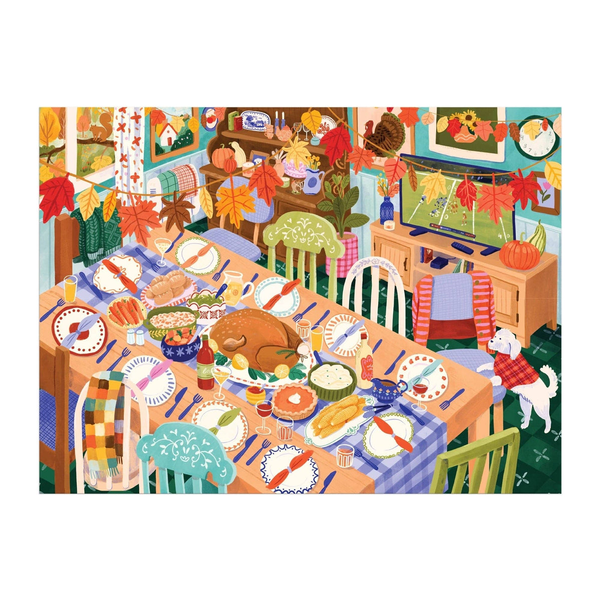 1000-piece jigsaw puzzle box angled view featuring Thanksgiving table artwork