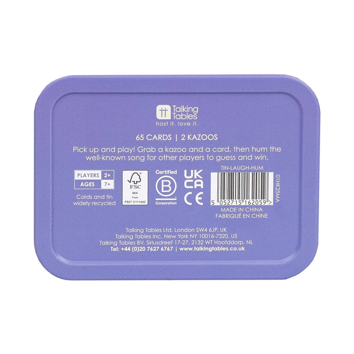 Purple tin back label showing 65 cards and 2 kazoo
