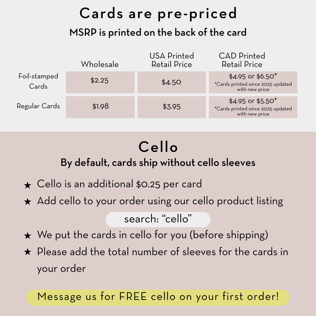 Baby card order info with cello sleeves and pre-priced retail/wholesale table