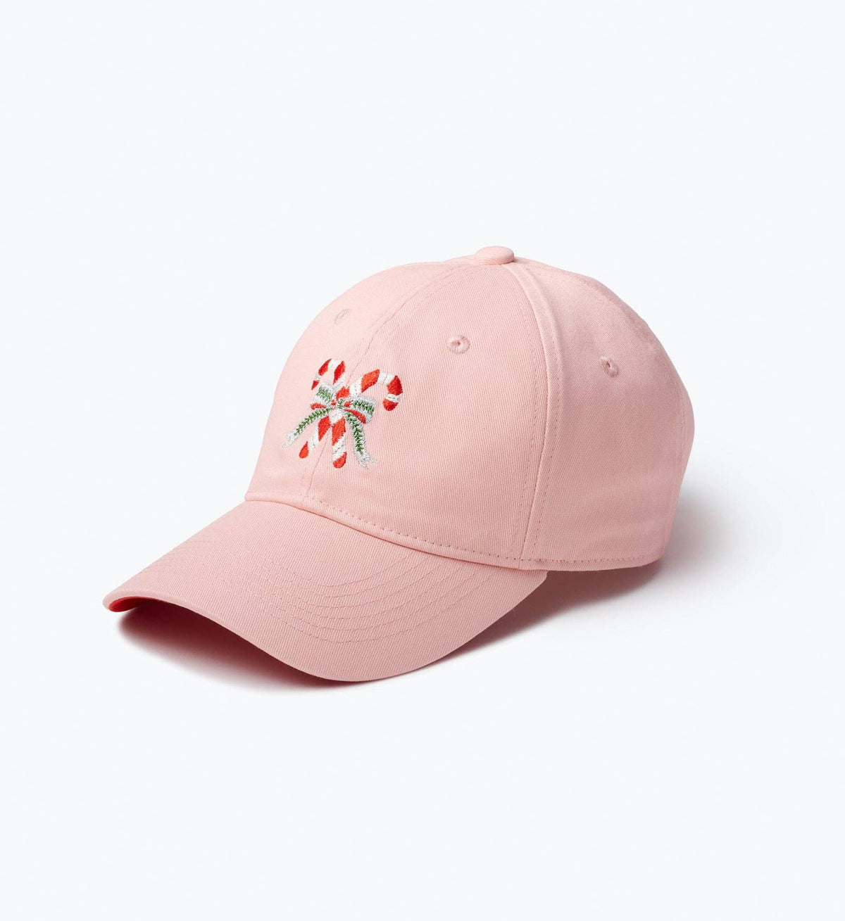 Pink baseball cap with candy cane and holly embroidery