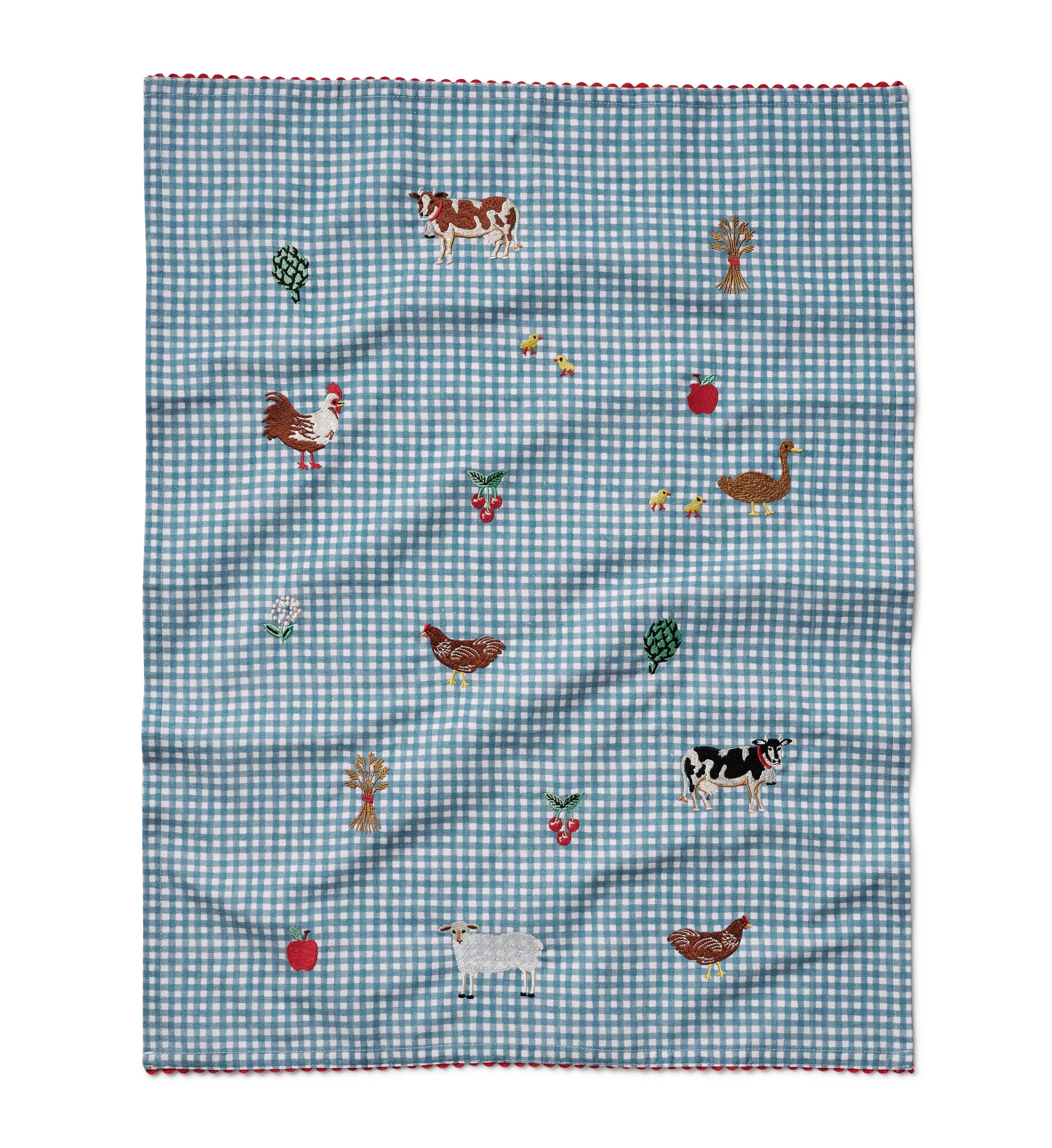 Country Farm Gingham Embroidered Tea Towel