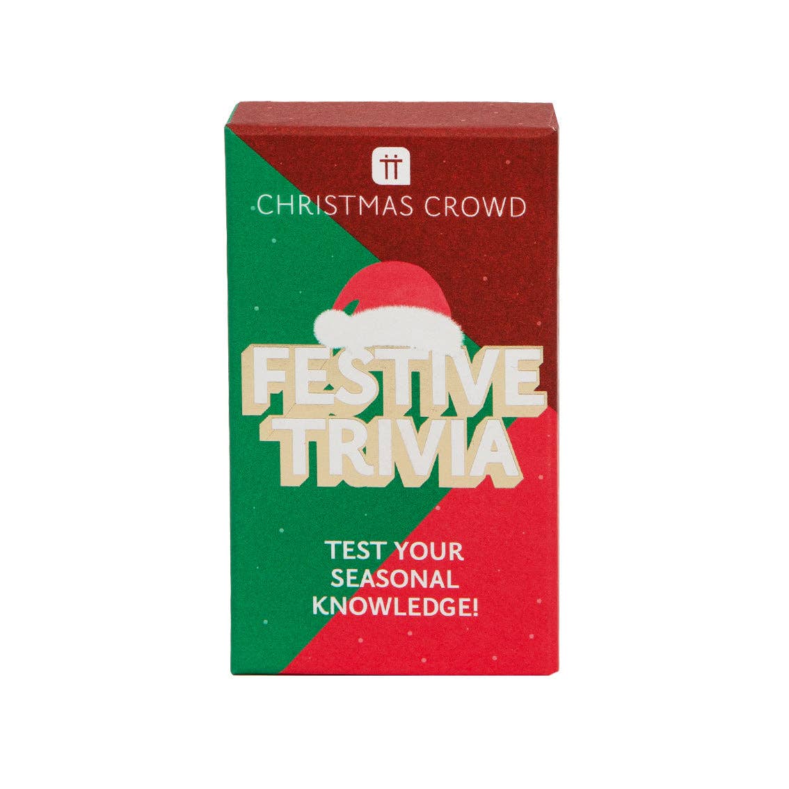 Festive Trivia Christmas party game box, green and red with Santa hat graphic