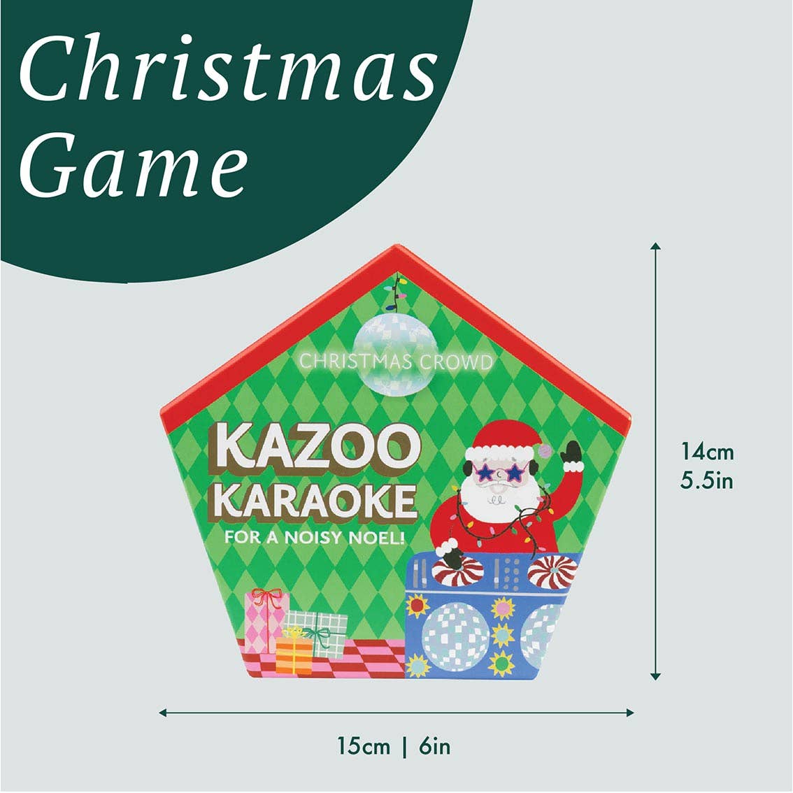 Christmas karaoke game box size graphic showing 15 cm width and 14 cm height