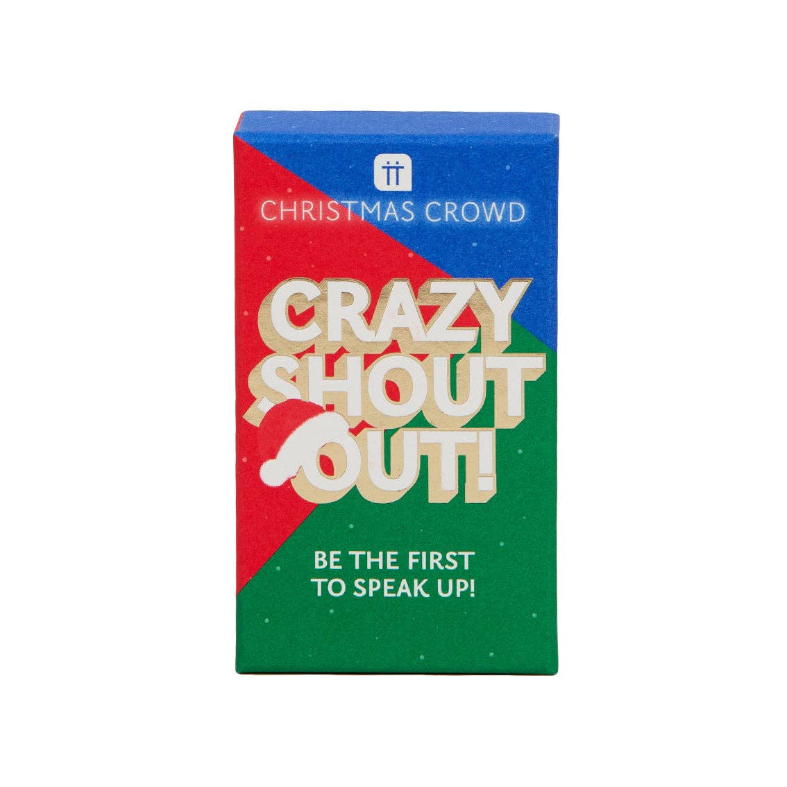 Crazy Shout Out Christmas party game box, blue and red with Santa hat icon
