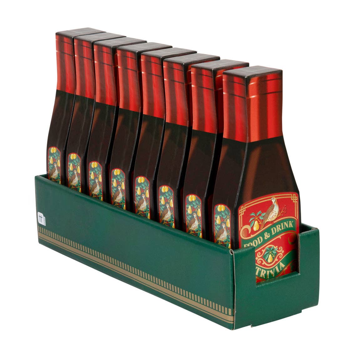 Food & Drink Trivia card display with red bottle packs and teal base