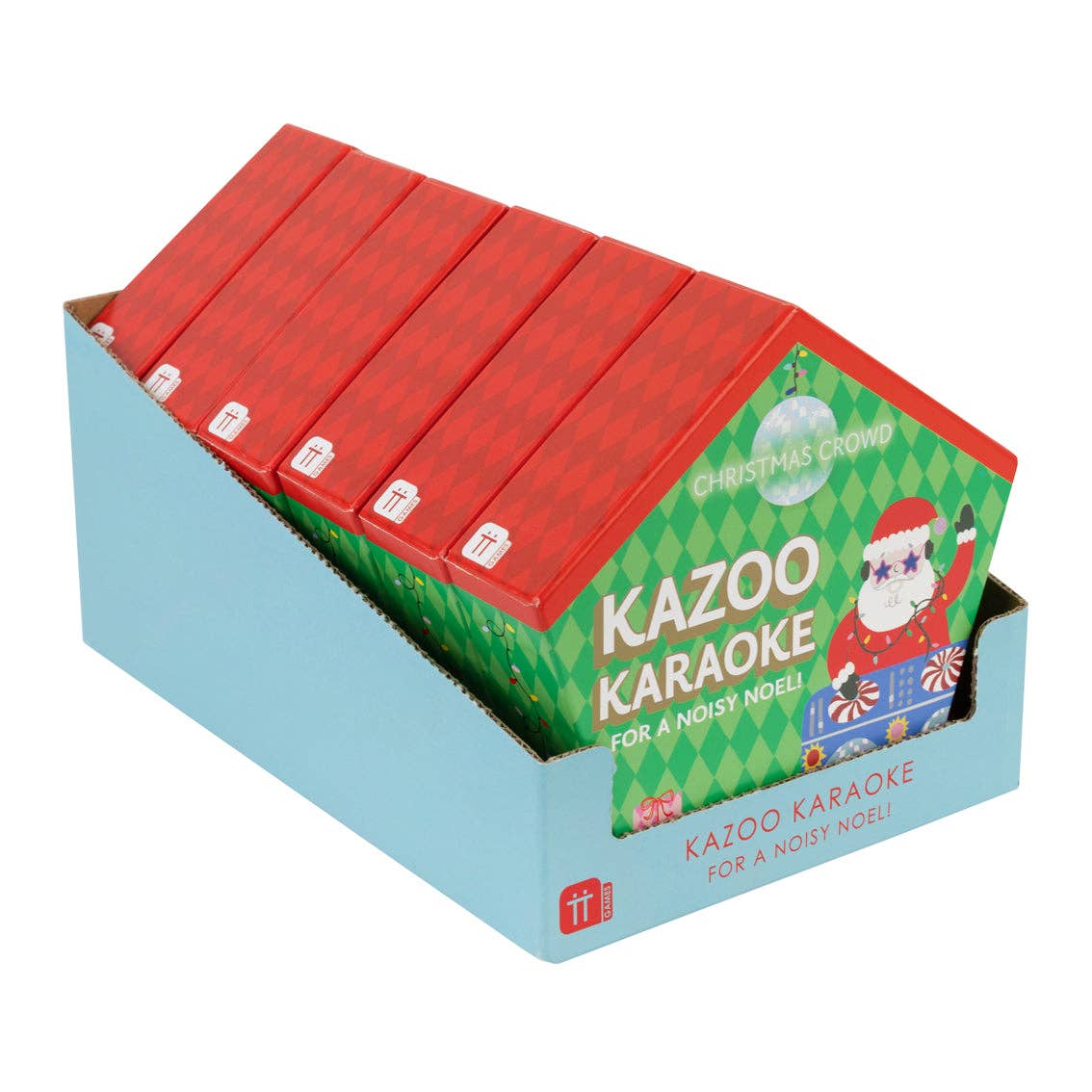 Christmas karaoke game gift box with Kazoo Karaoke artwork and red top flap