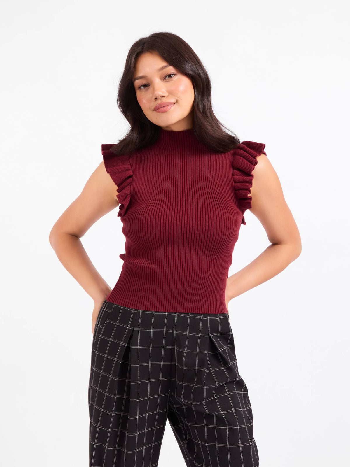 Burgundy mockneck ribbed tank sweater with ruffled shoulder detail