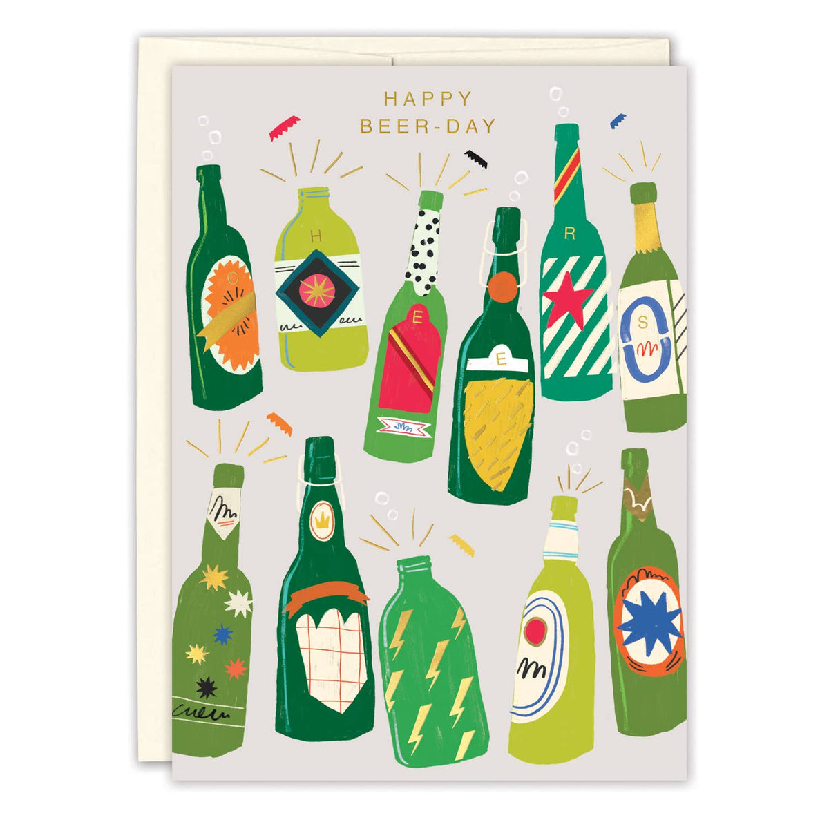 Beer-Day birthday greeting card with colorful illustrated beer bottles on front
