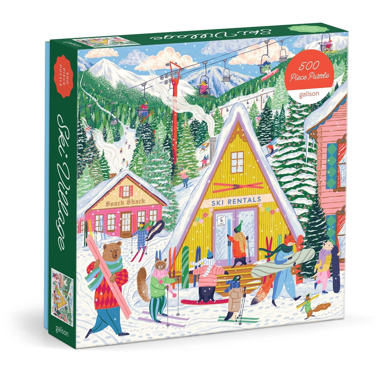 Ski village 500-piece jigsaw puzzle box with colorful winter scene and ski cabin figures