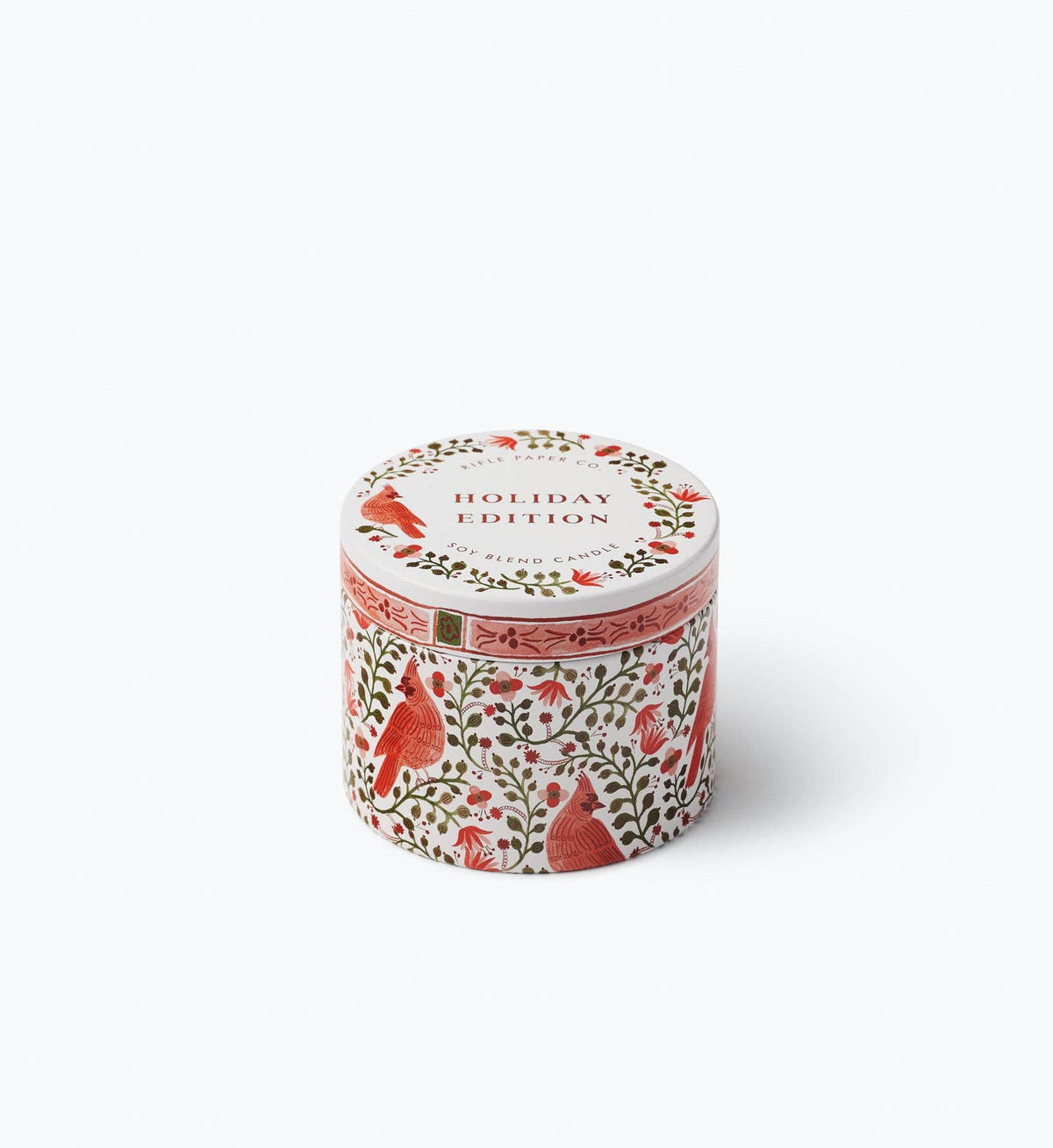 Holiday tin candle with red bird and botanical pattern, round metal container