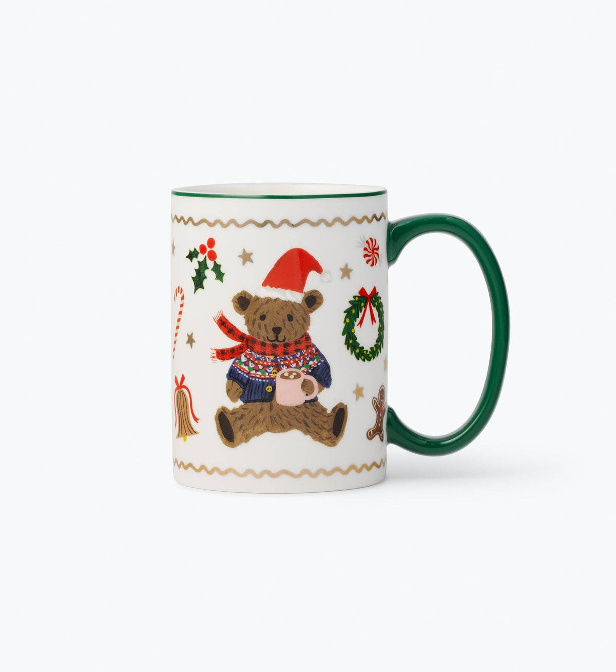 Christmas bear porcelain mug with green handle, white body, festive pattern