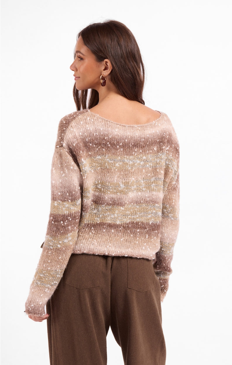 Ombre sparkle knit sweater, back view with textured speckle pattern