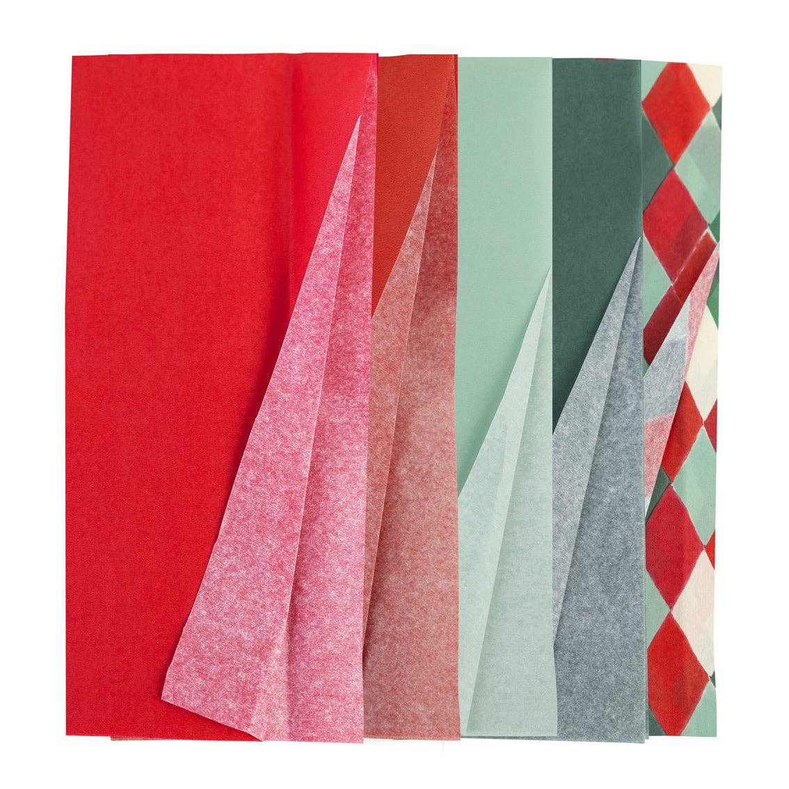 Stacked tissue paper sheets: red, pink, mint, and gray with diamond accents