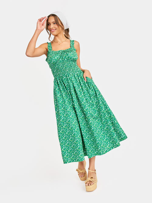 Sun Escape Shirred Waist Midi Dress