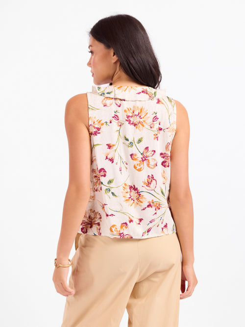 Back view floral sleeveless top with V-neck and button placket detail