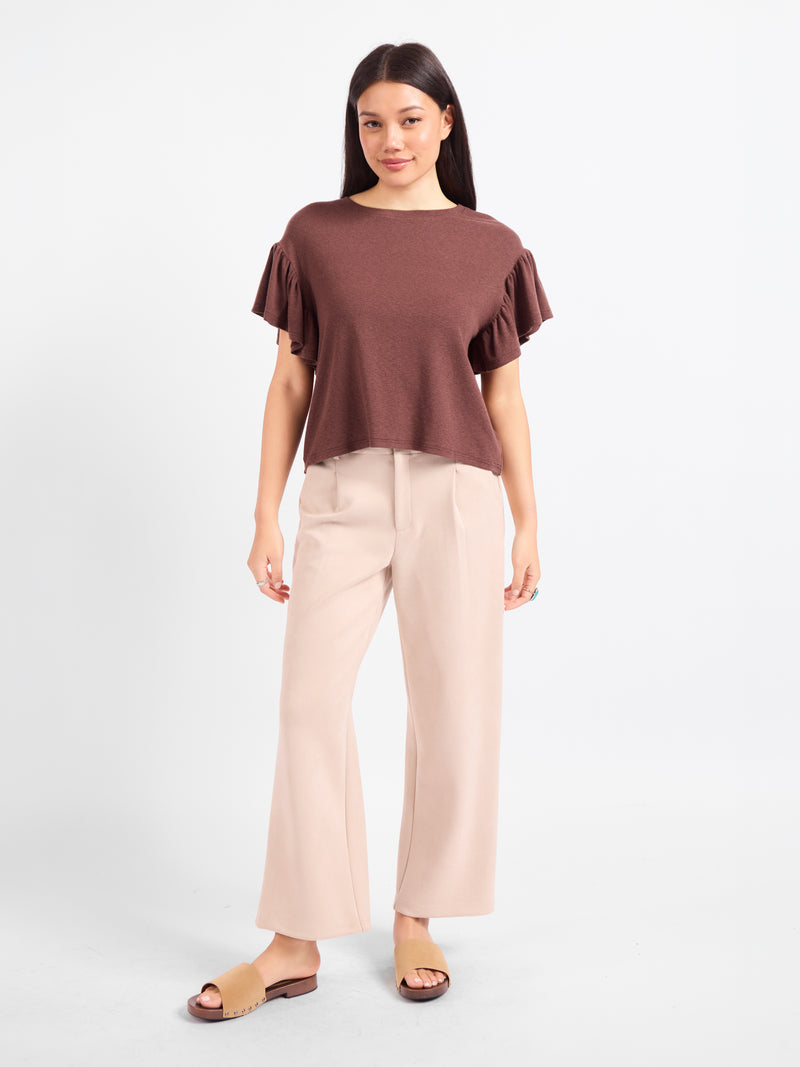 Dark brown ruffle-sleeve crew top with relaxed fit and short cuffed sleeves