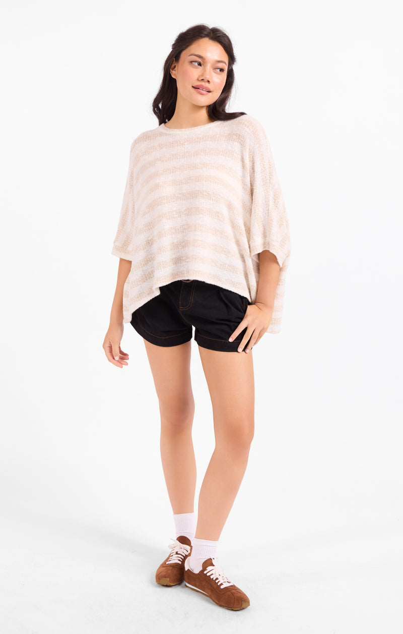 Brushed stripe dolman top in light pink with wide dolman sleeves and crew neckline