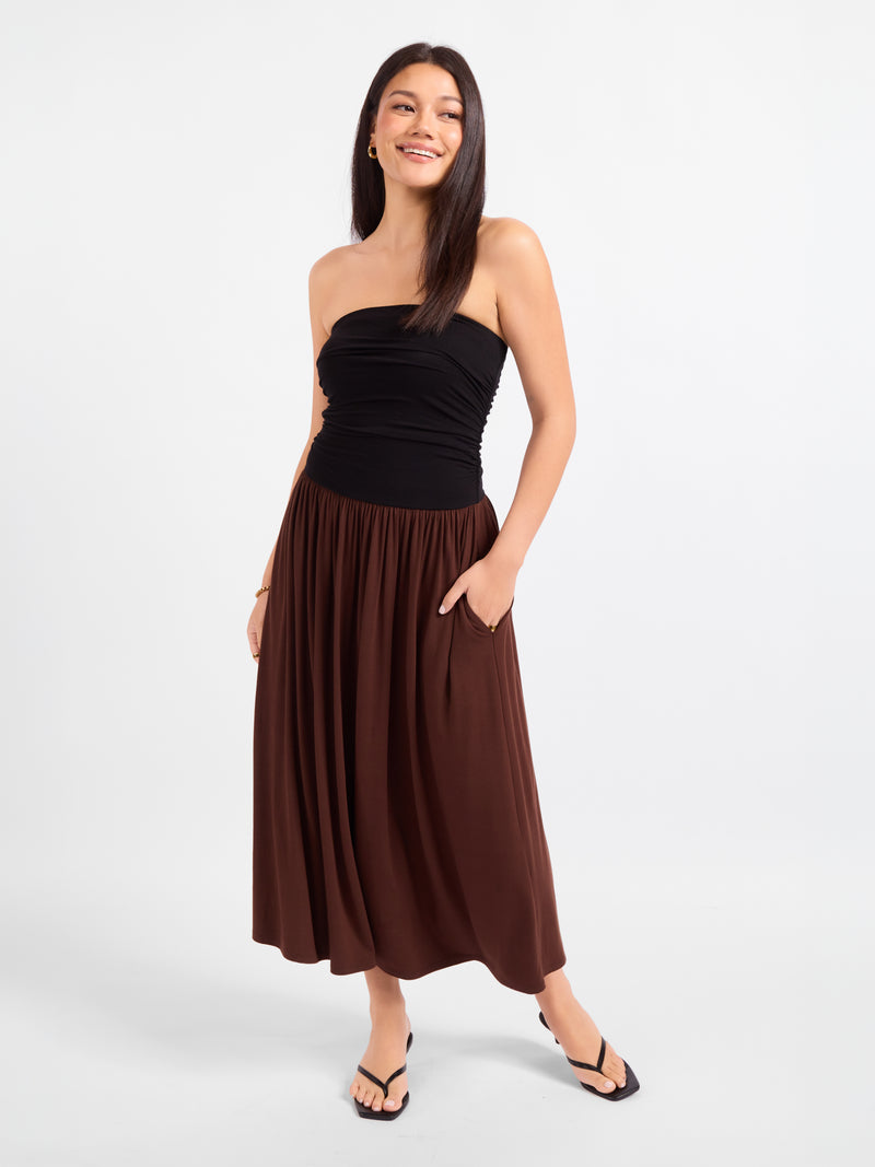 Strapless midi dress, black ruched bust with brown pleated skirt