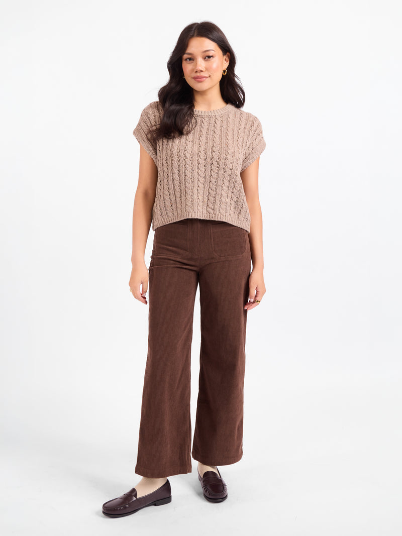 Knit sweater tank in heathered beige with crew neck and short sleeves