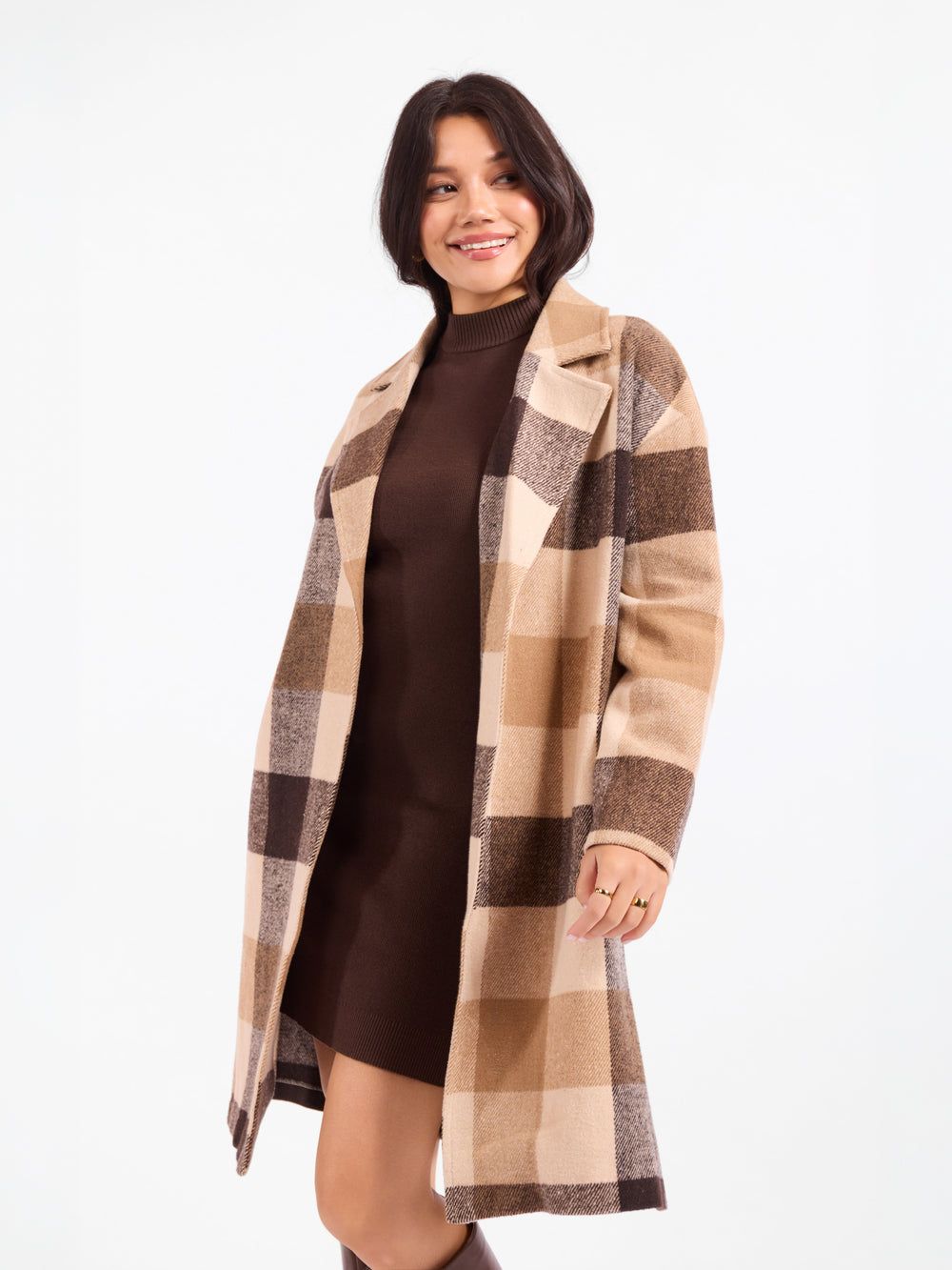 Plaid open-front coat with long sleeves, tan and dark brown block pattern