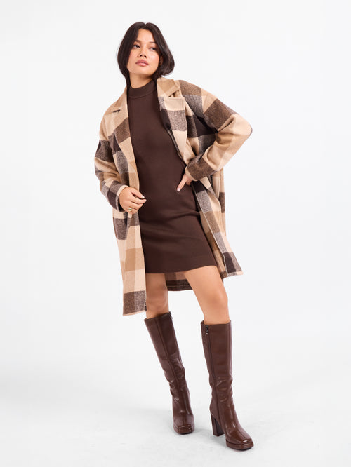 Plaid open-front coat with belt tie, long sleeves, tan and dark brown checks