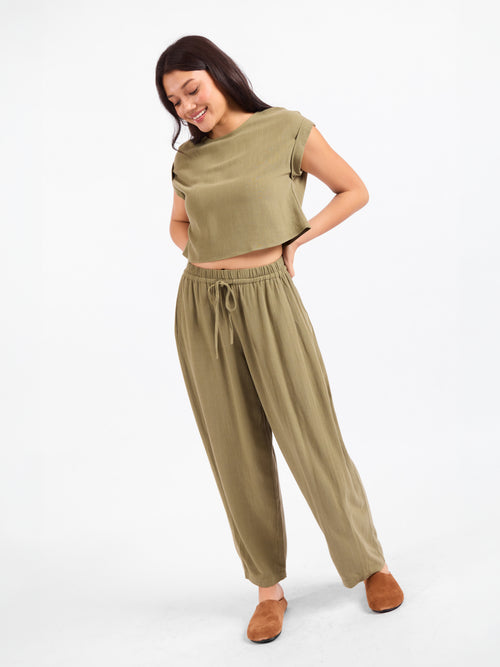 Olive green drawstring wide-leg pants, relaxed fit
