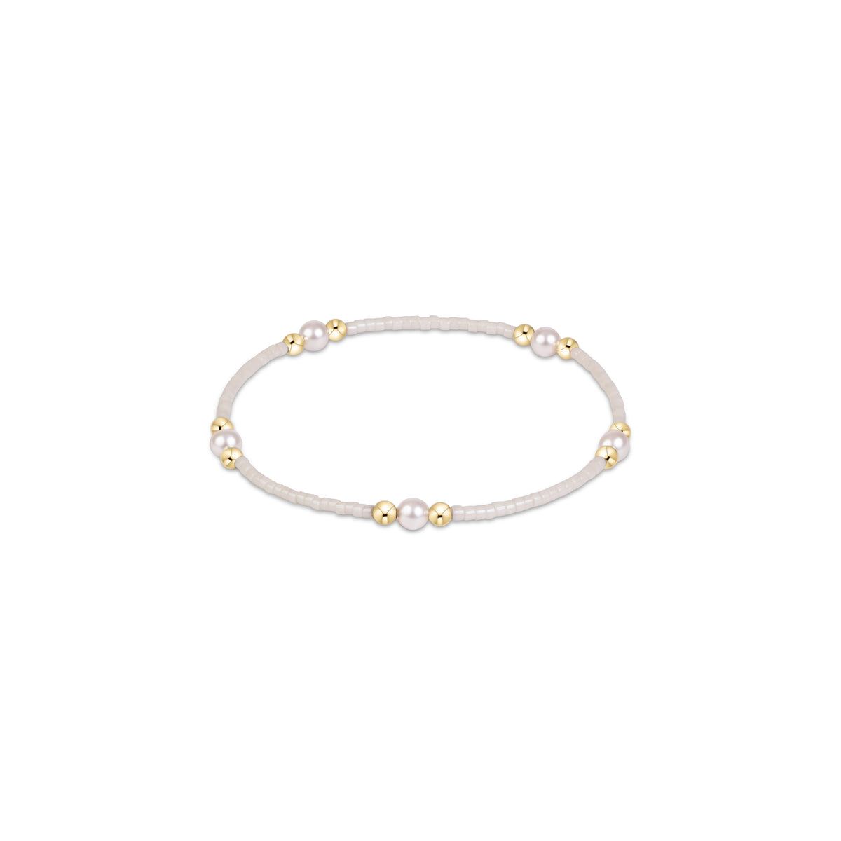 Pearl bracelet with light-gray cord and small white beads plus gold accents