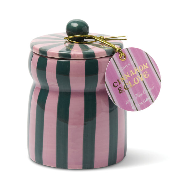 Lidded cabana candle jar with pink and teal striped pattern, brass knob and lid