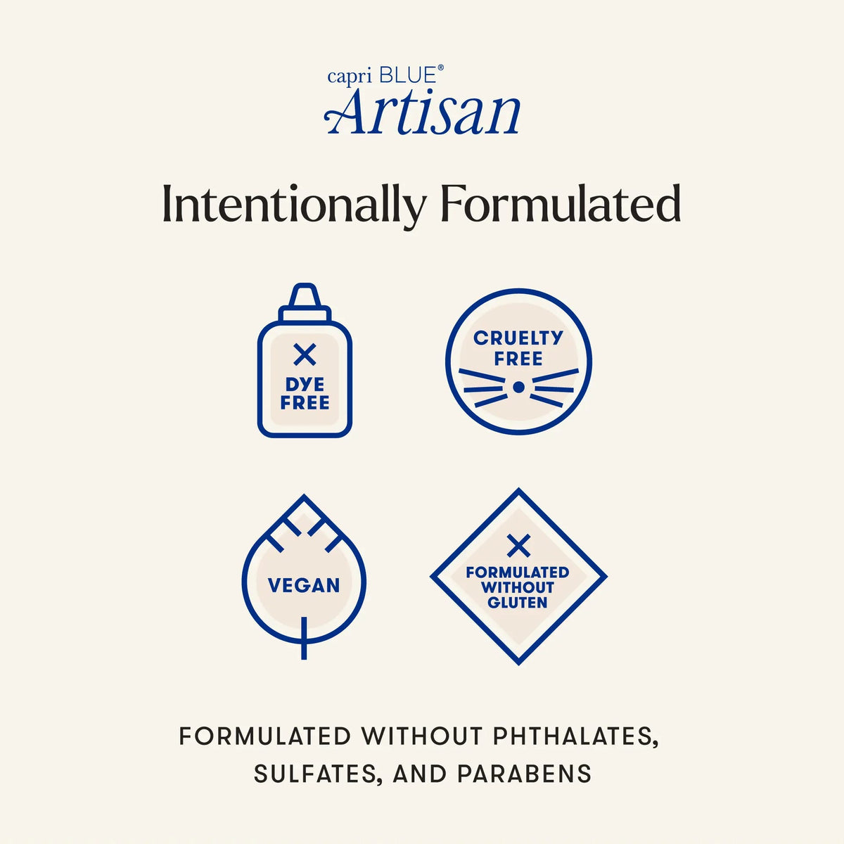 capri BLUE Artisan icons: dye free, cruelty free, vegan, formulated without gluten