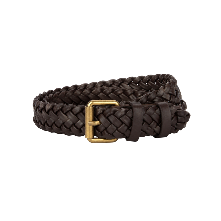 Braided belt in dark brown with woven texture and gold-tone rectangular buckle