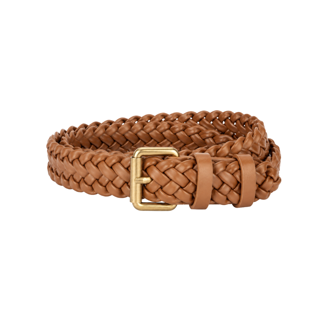 Braided belt in tan/brown with woven texture and gold-tone square buckle
