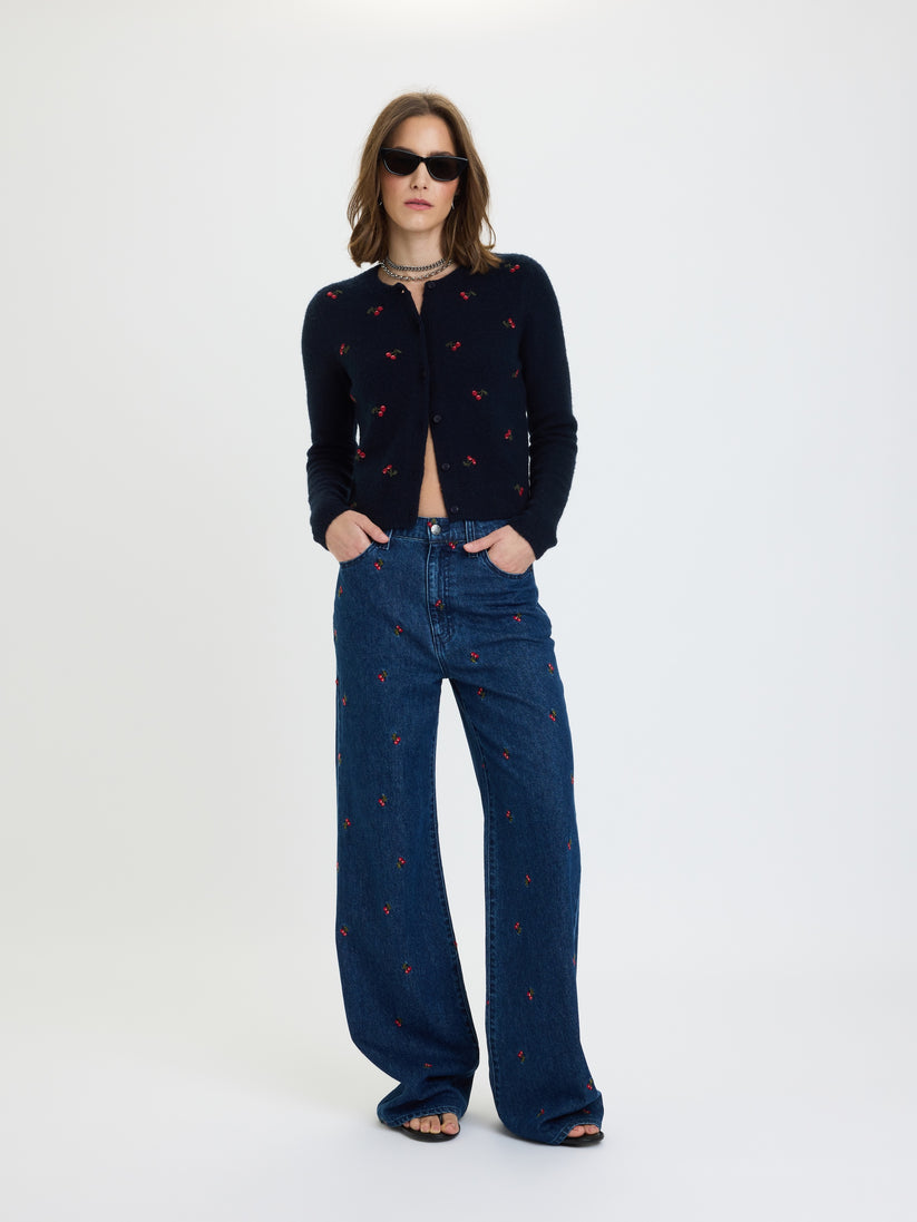 Embroidered fitted cardigan with button front, dark navy knit and cherry motif