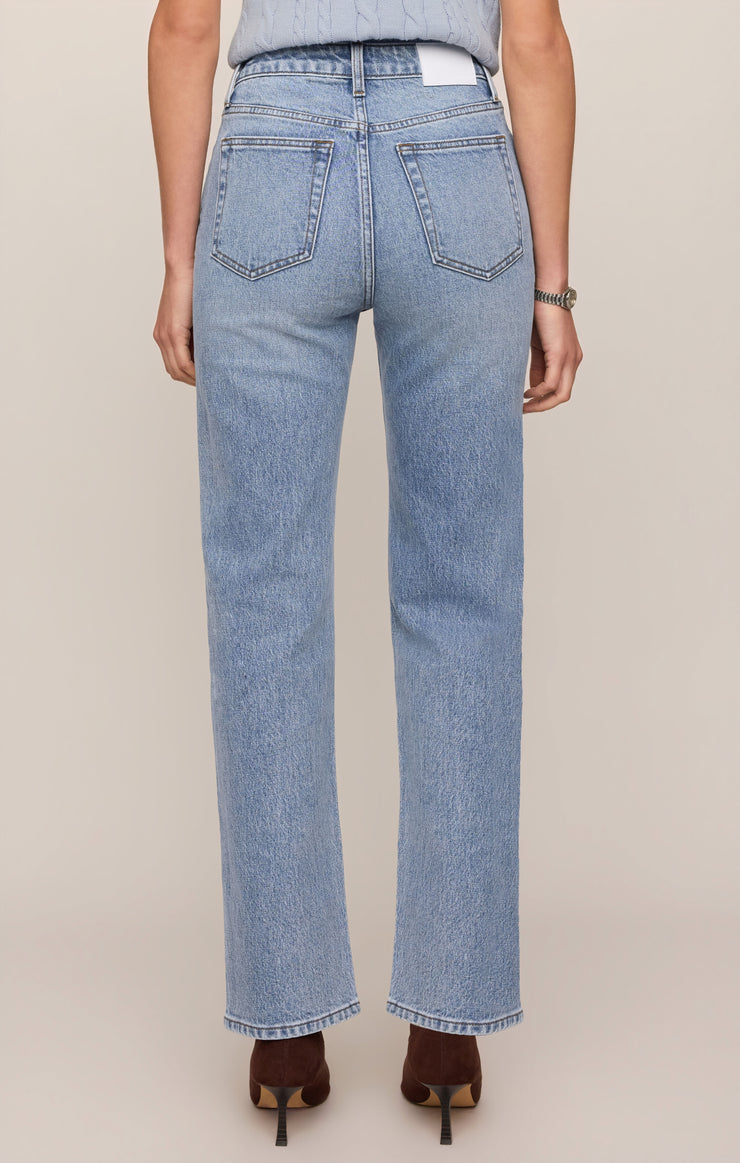 Light wash straight jeans with two back pockets and belt loops, high rise.