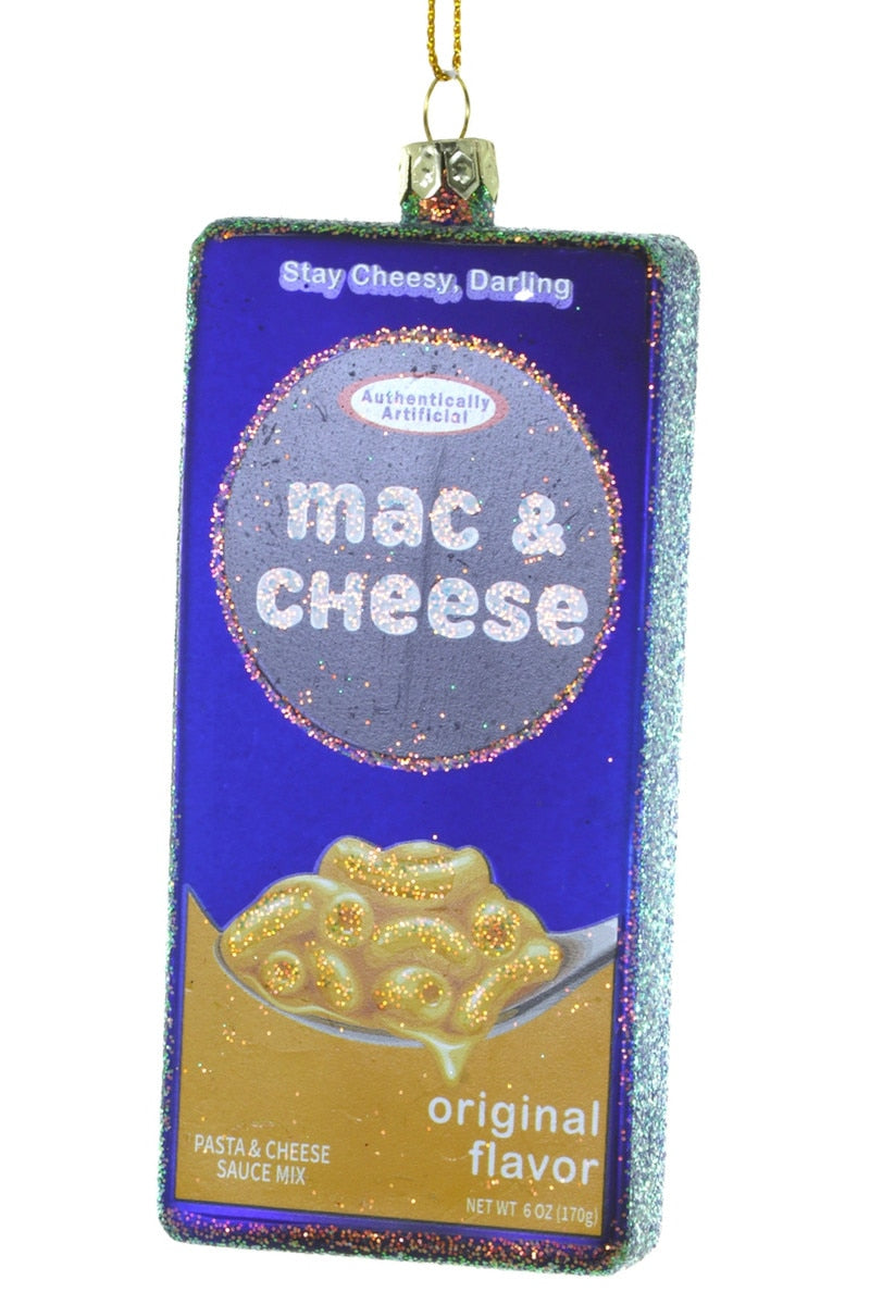 Glittery Mac & Cheese box ornament, blue with cheese graphic, hanging loop