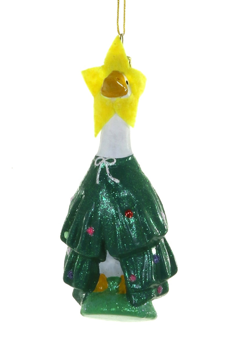 Porch Goose goose-shaped Christmas tree ornament, yellow head with green body