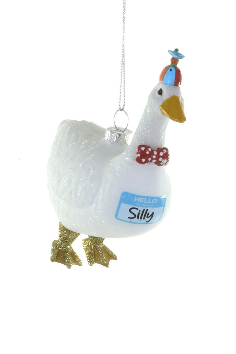 Silly Goose hanging Christmas ornament, glitter white goose with blue tag and star feet
