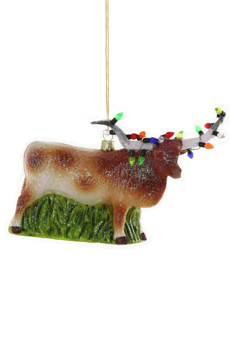 Festive longhorn ornament with brown body, green base, and colorful bulb garland.