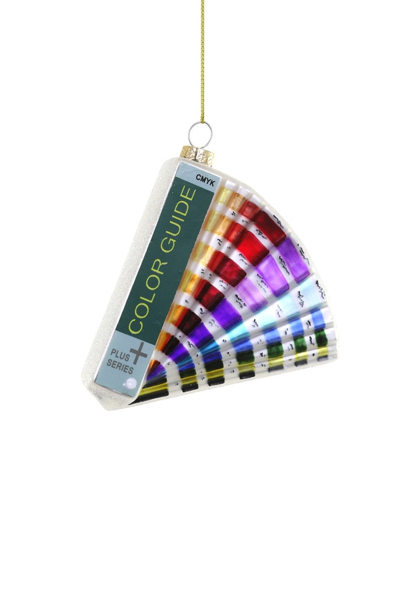 Color guide ornament, triangular card with multicolor stripe fan and hanging loop